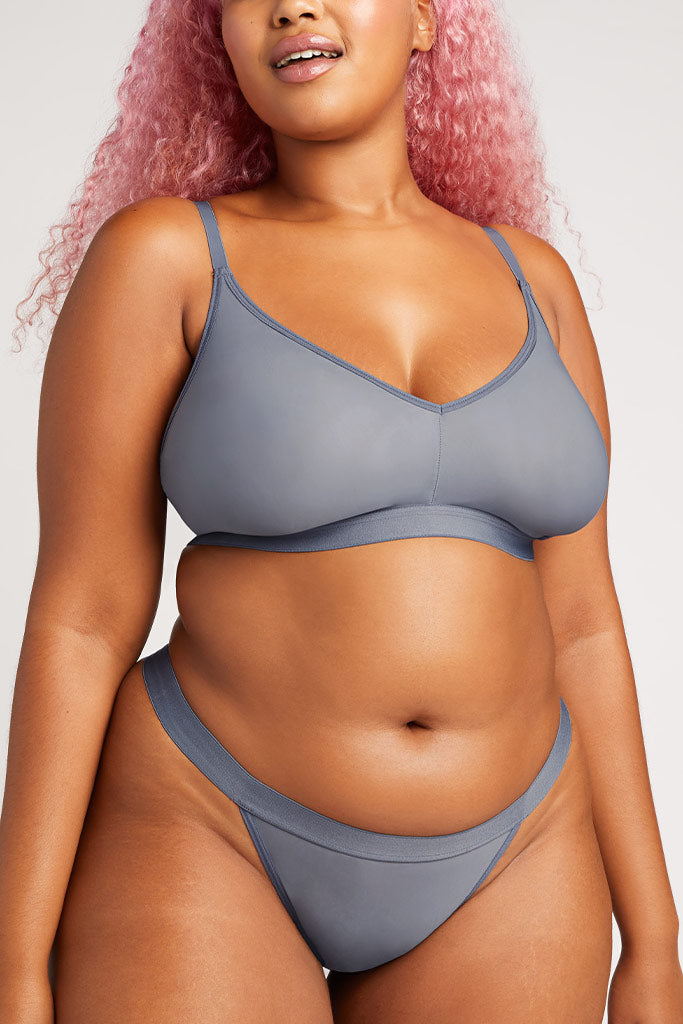 Our Silky Non-Wire bra in a steely grey blue tone [Hannah 4]