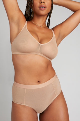 Detail view of Sieve Non-Wire Bra in Buff for sizer