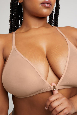Detail view of Sieve Racerback Bra in Buff for sizer