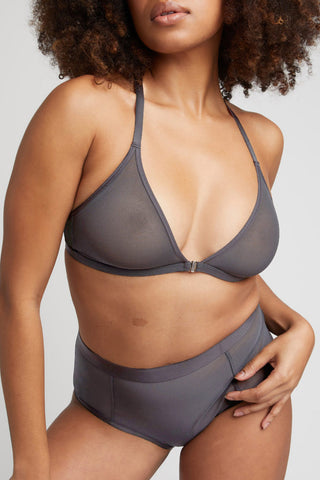 Detail view of Sieve Racerback Bra in Graphite for sizer