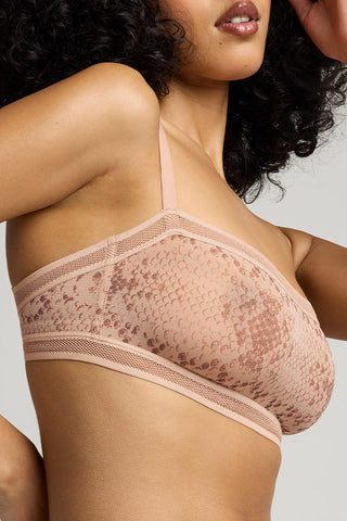 Detail view of Sieve Trim Bralette in Buff Boa for sizer