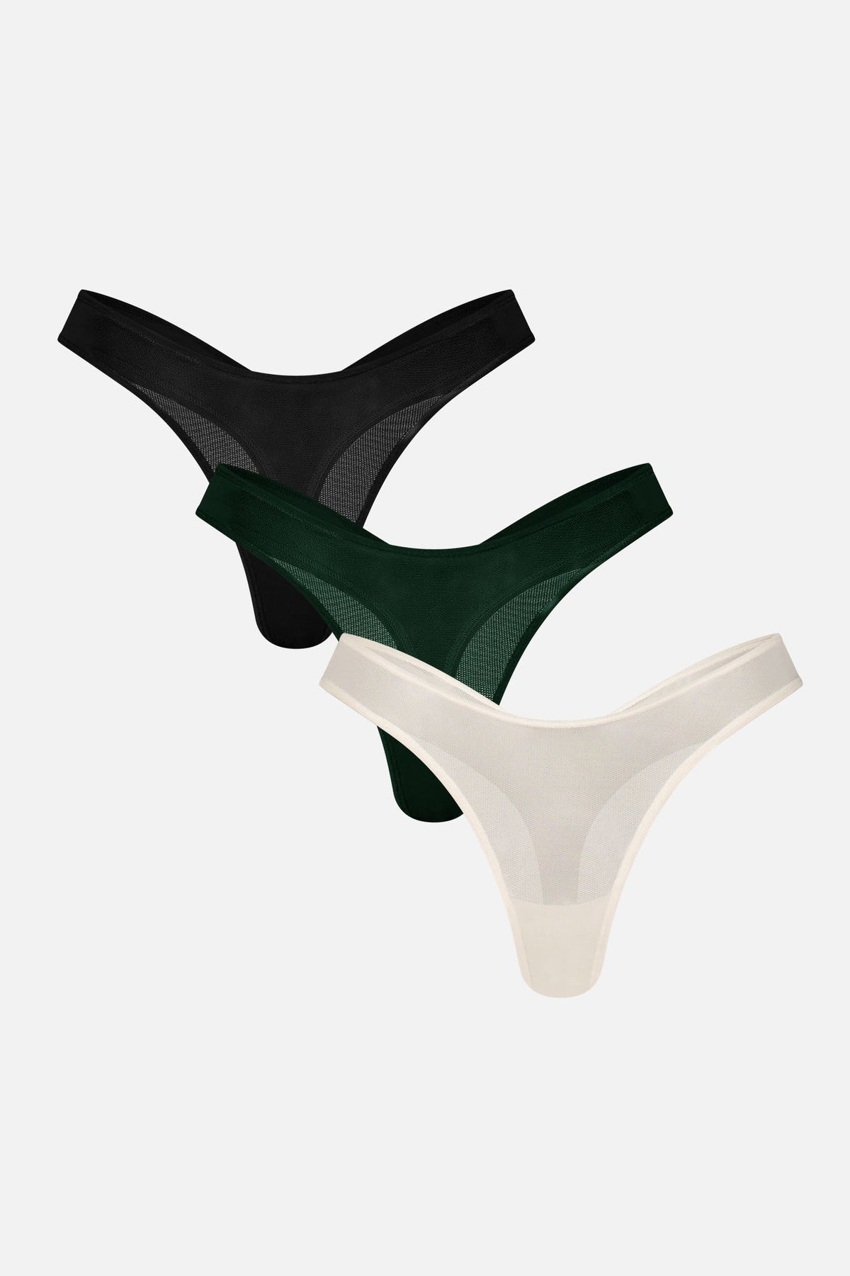 3-pack dip-dyed thong underwear in dark, green, and cream tones with thin sides