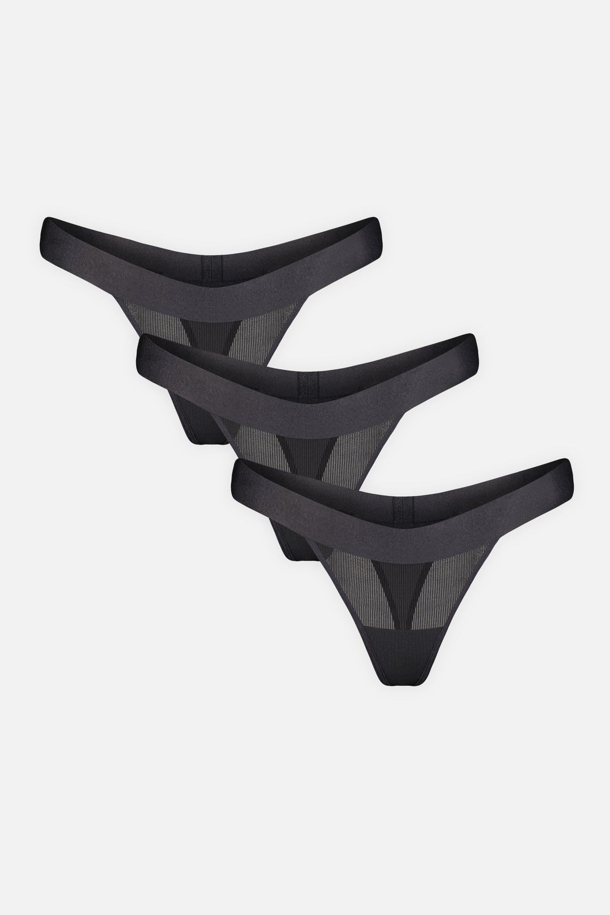 Three pairs of women's thong underwear in black and dark gray, arranged in a staggered stack on a light gray background.