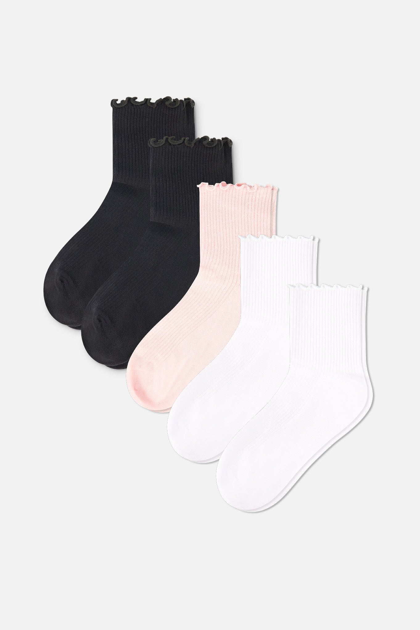 Five pairs of socks in black, pink, and white on a light gray background