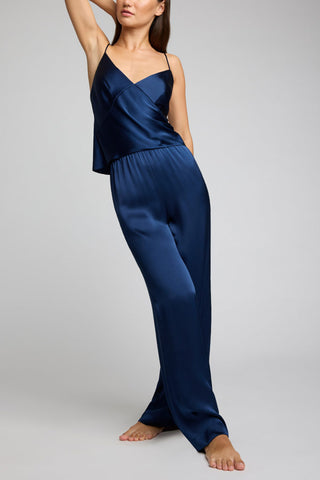 Detail view of Eclipse Silk Track Pant in Navy for sizer
