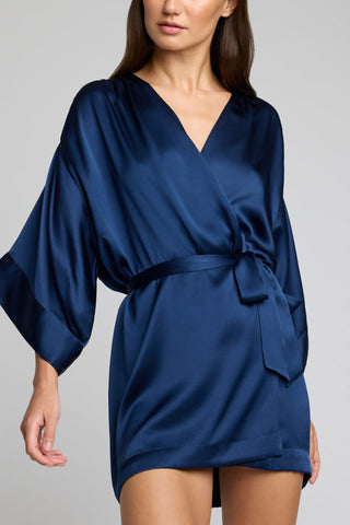 Detail view of Eclipse Silk Mini Robe in Navy for sizer