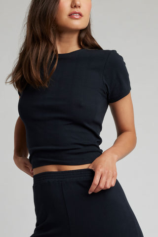 Detail view of Pointelle Baby Tee in Black for sizer