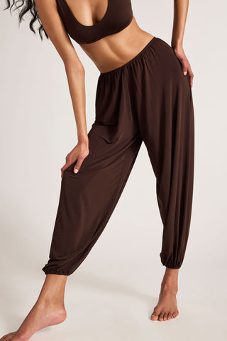 Detail view of Slink Draped Pant in Espresso for sizer