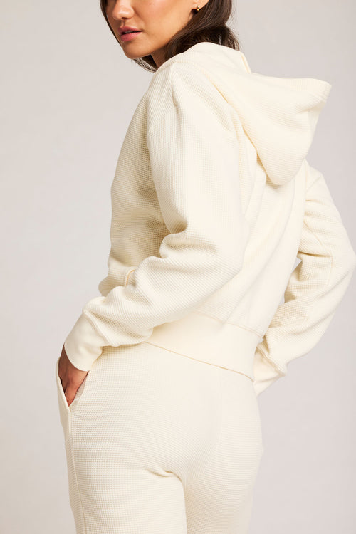 Waffle Knit Zip-Up Hoodie in Cream