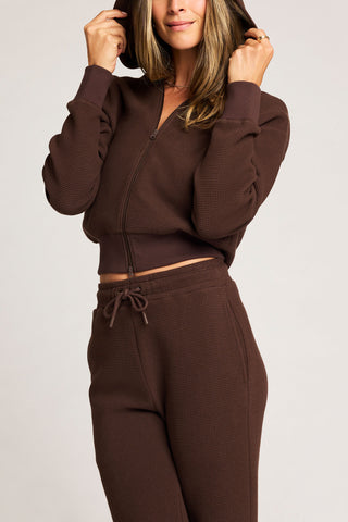 Detail view of Waffle Knit Bomber in Espresso for sizer