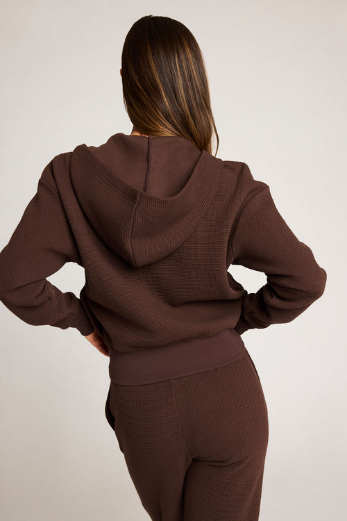 Waffle Knit Zip-Up Hoodie in Espresso
