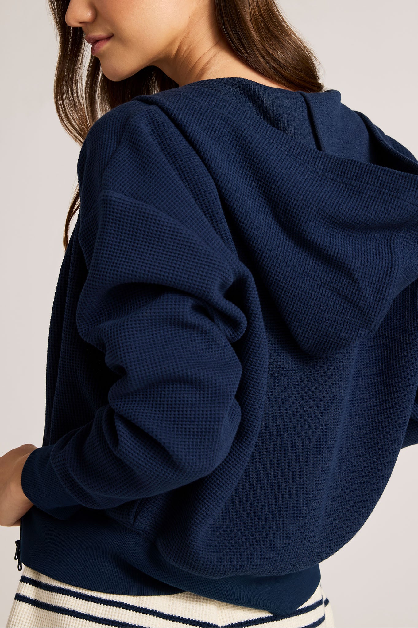 Waffle Knit Zip-Up Hoodie in Navy – Negative
