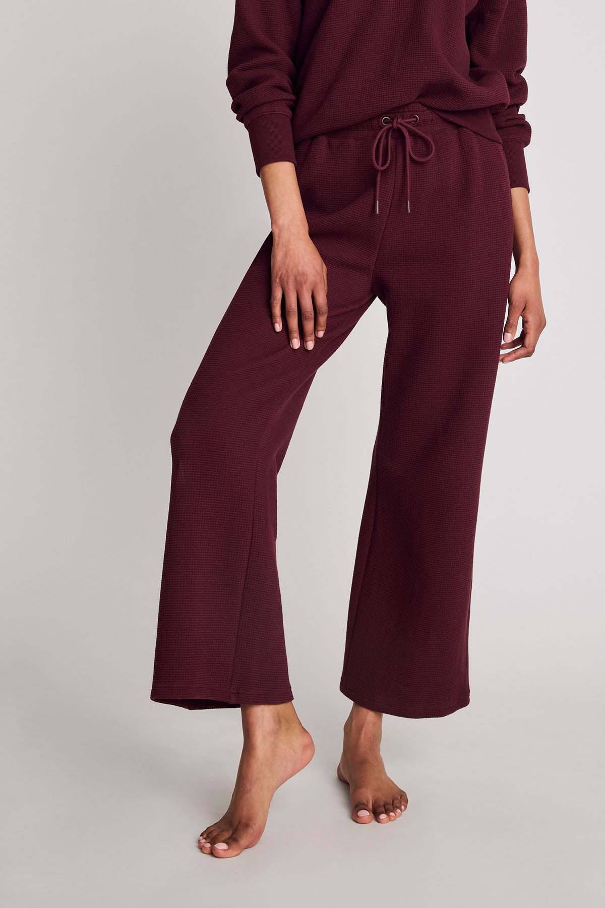 Garnet waffle knit cropped track pant, front view