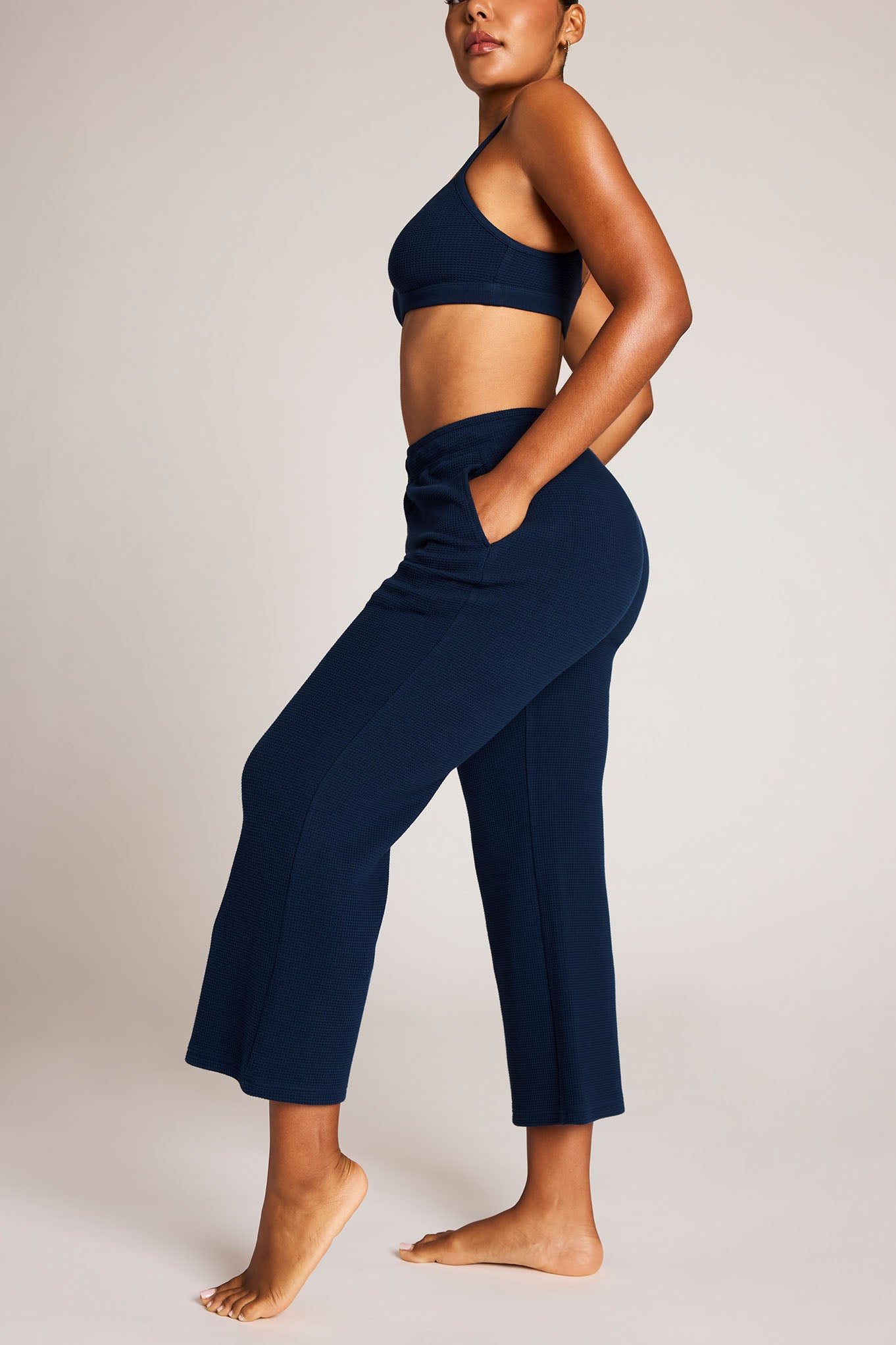Waffle Knit Cropped Track Pant in Navy