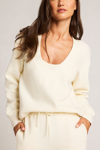 Detail view of Waffle Knit Deep V in Cream for sizer