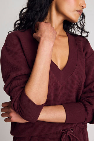 Detail view of Waffle Knit Deep V in Garnet for sizer