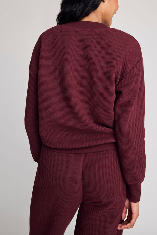 Garnet waffle knit deep-v sweatshirt, back view