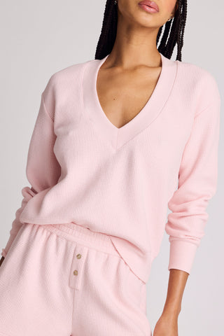 Detail view of Waffle Knit Deep V in Shell for sizer