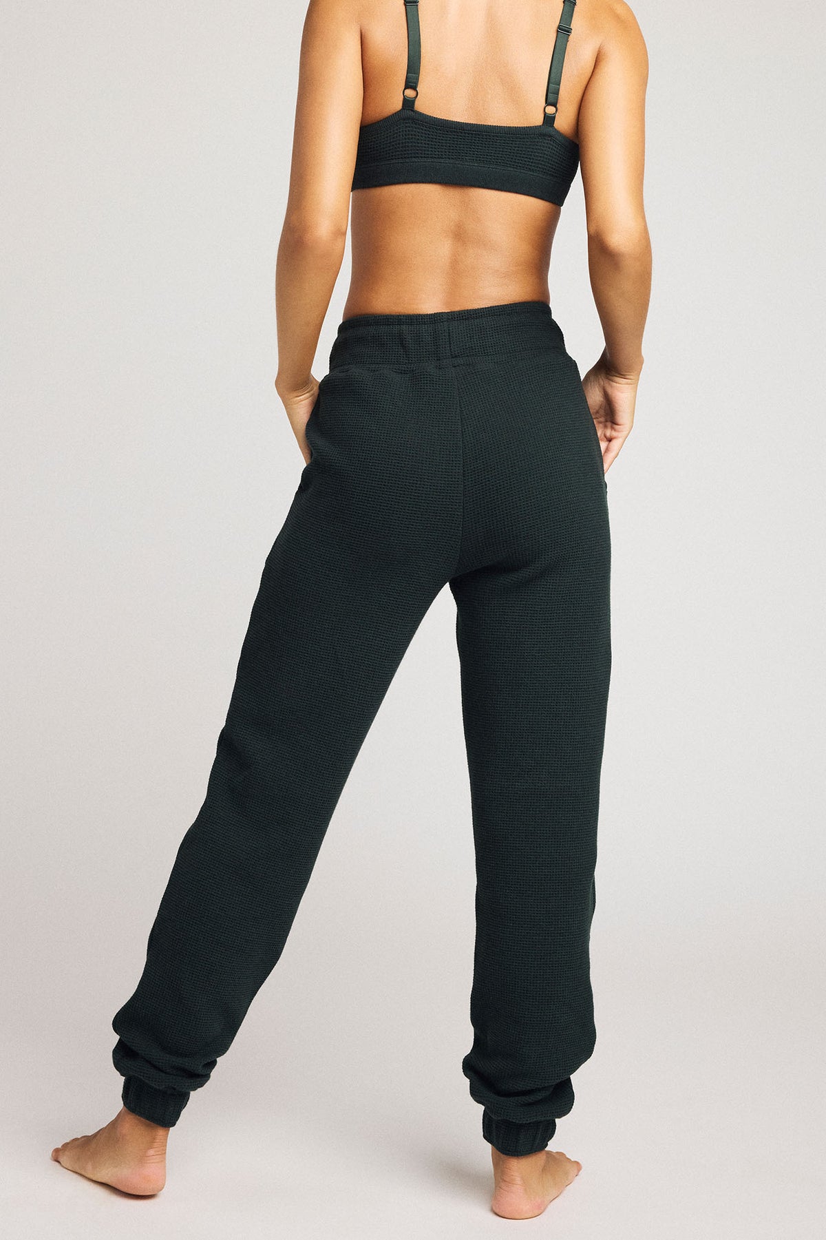 Dark cypress waffle-knit jogger pants, elastic waist and tapered legs