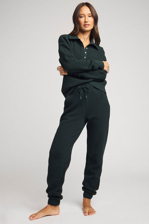 Dark cypress waffle-knit jogger pants with drawstring and cuffed ankle hem