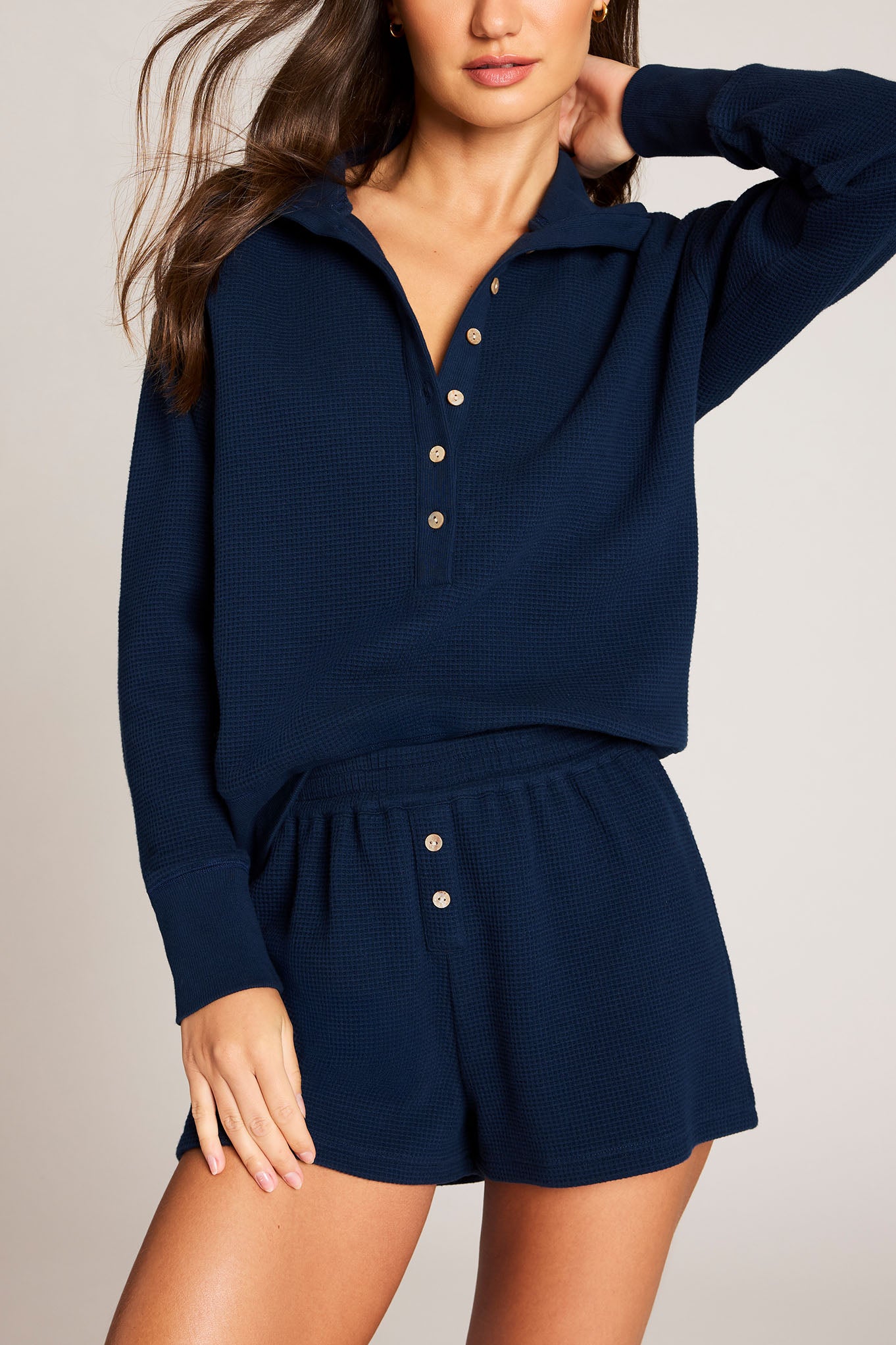 Waffle Knit Pullover in Navy