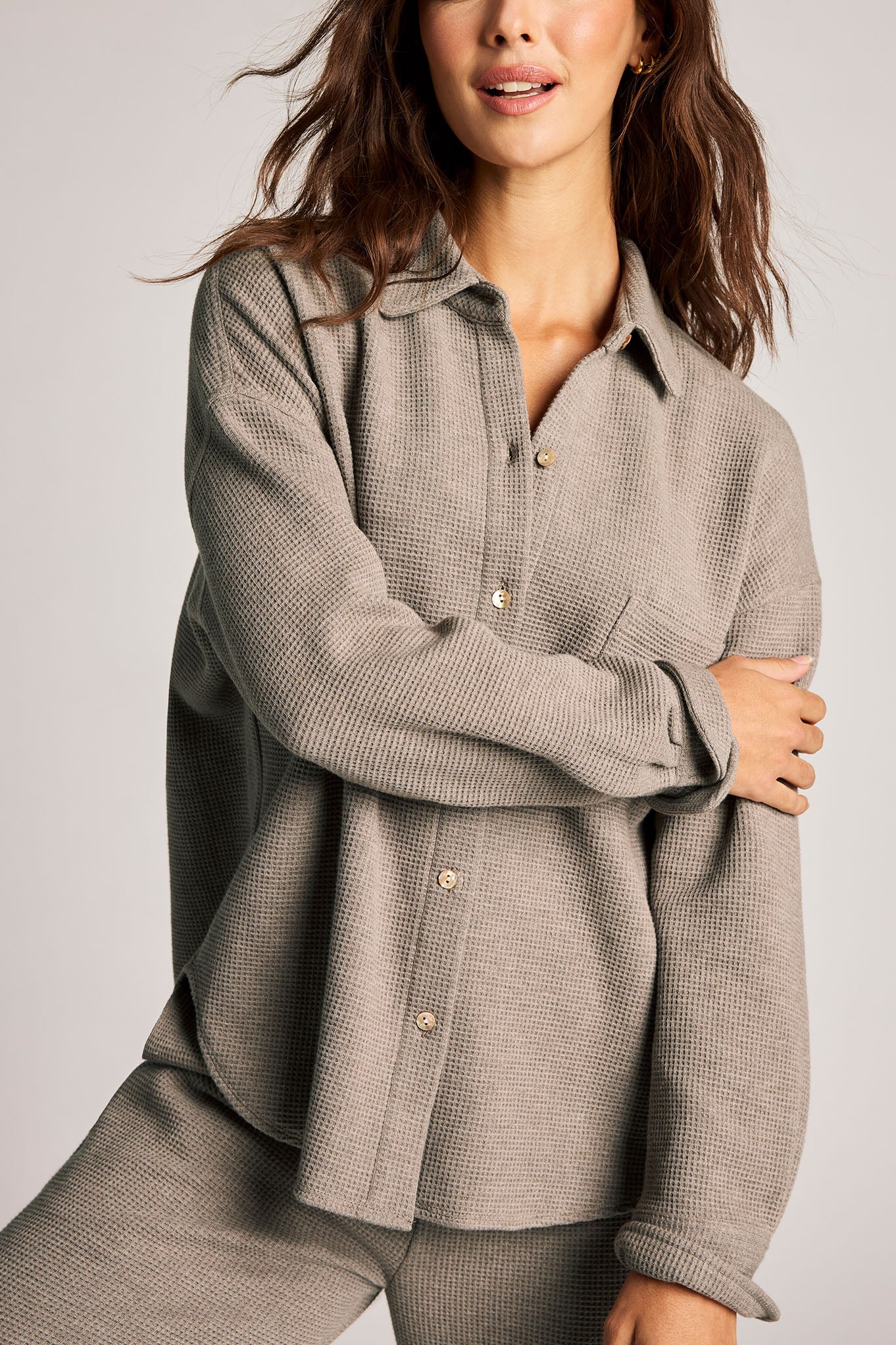 Waffle Knit Shirt Jacket in Mink