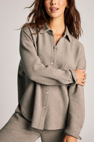 Detail view of Waffle Knit Shirt Jacket in Mink for sizer