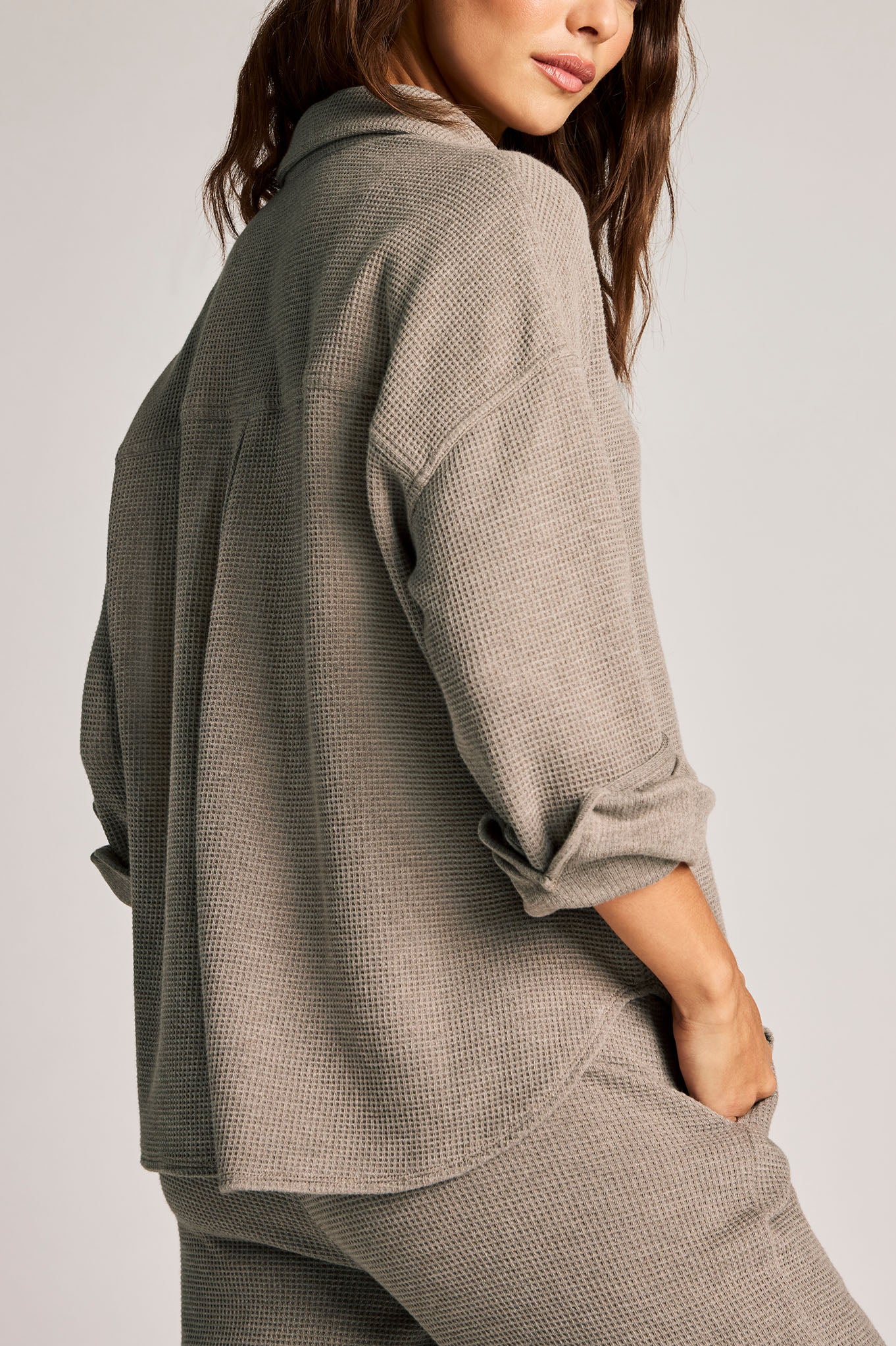 Waffle Knit Shirt Jacket in Mink