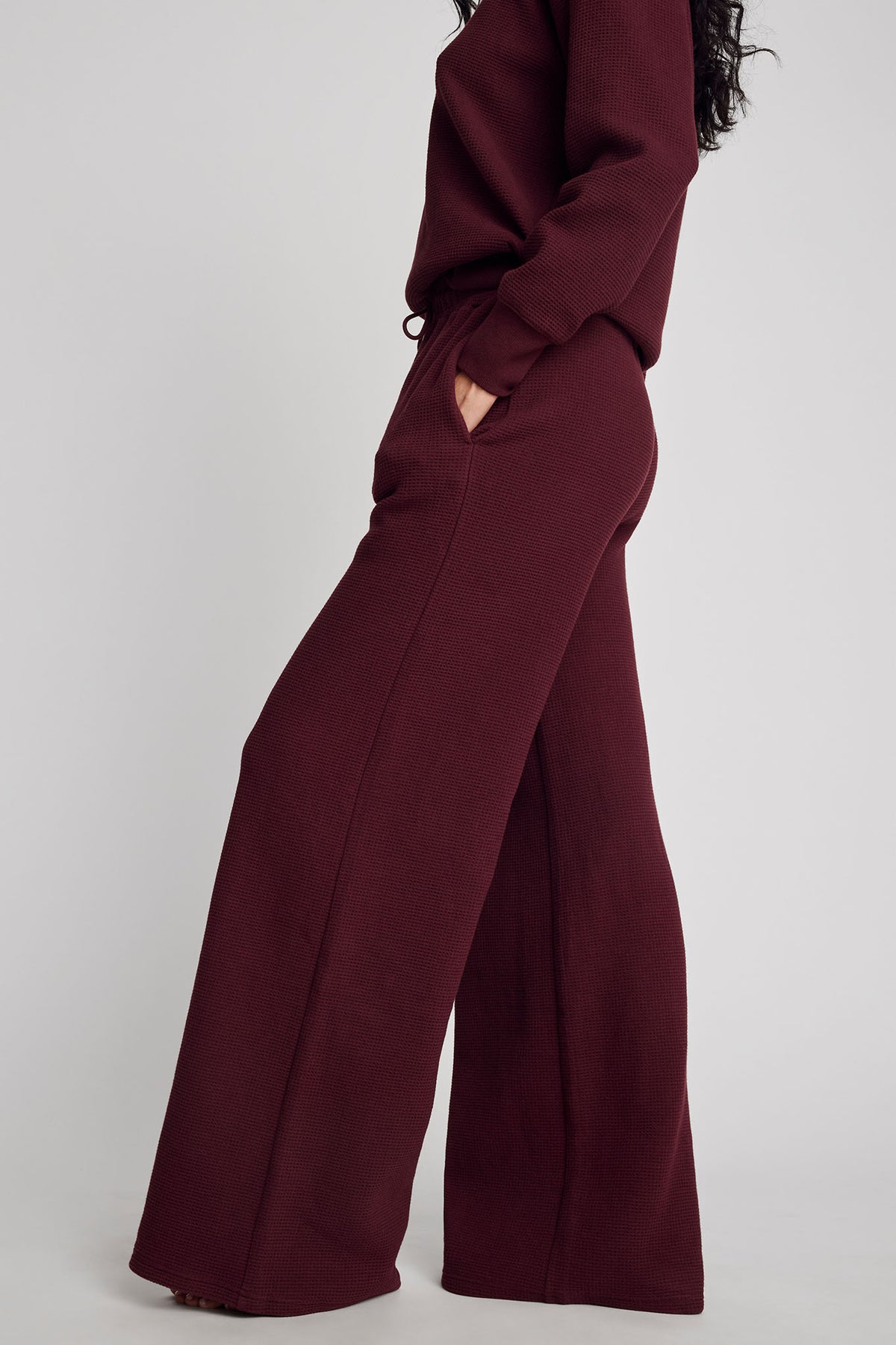Garnet waffle knit track pant, side view