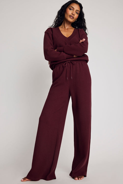Garnet waffle knit track pant, detail view of drawstring waist and pocket