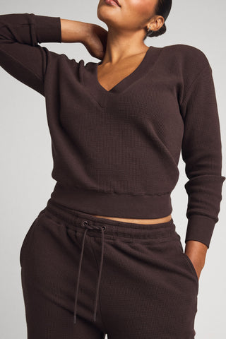 Detail view of Waffle Knit Deep V in Ganache for sizer