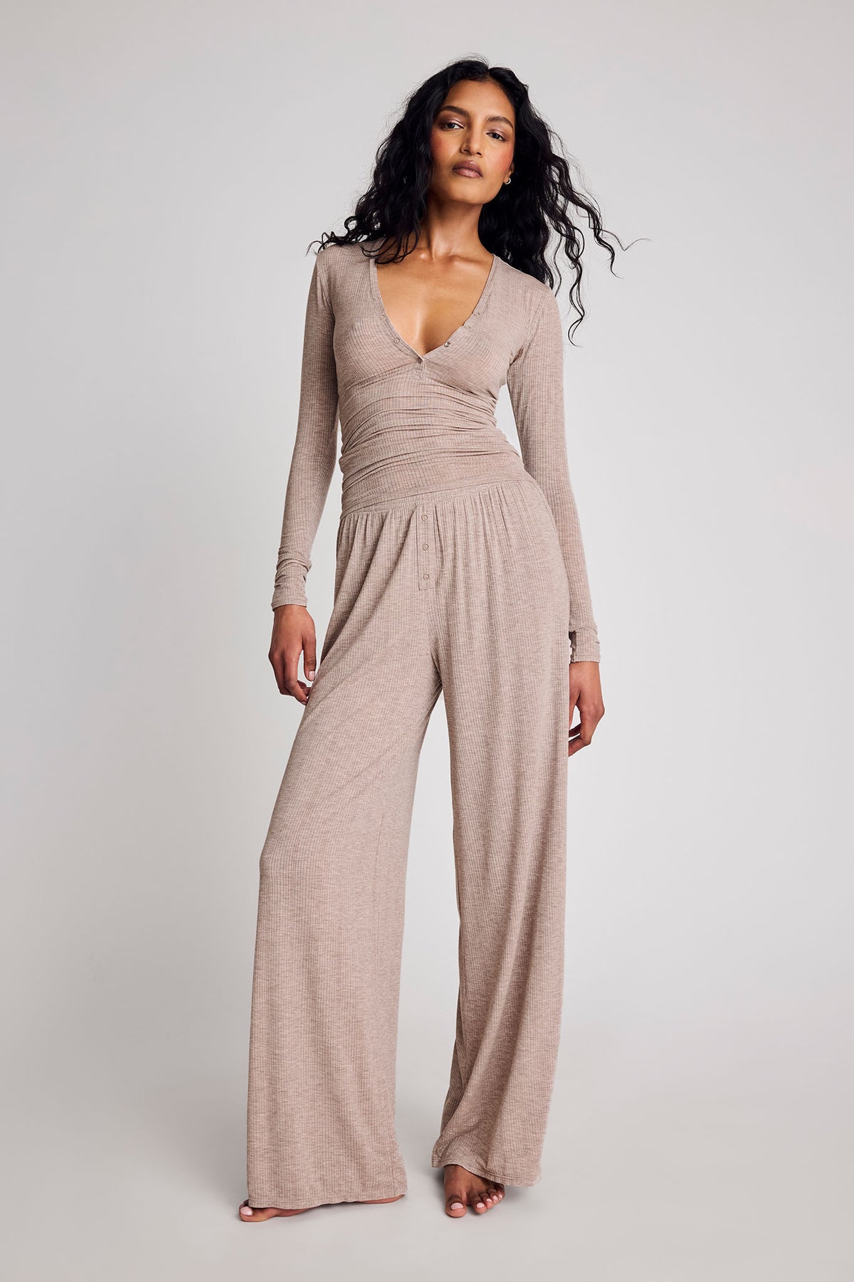 Mink long-sleeve henley jumpsuit with wide legs and ruched waist
