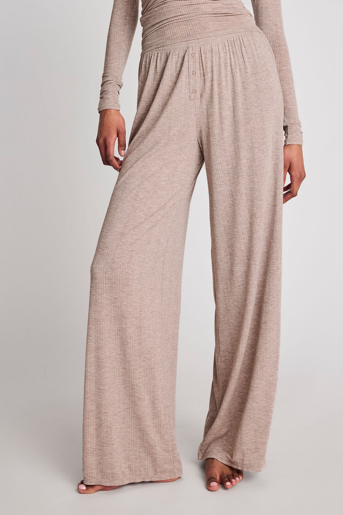 Mink track pant with gathered waist and flowy wide-leg drape