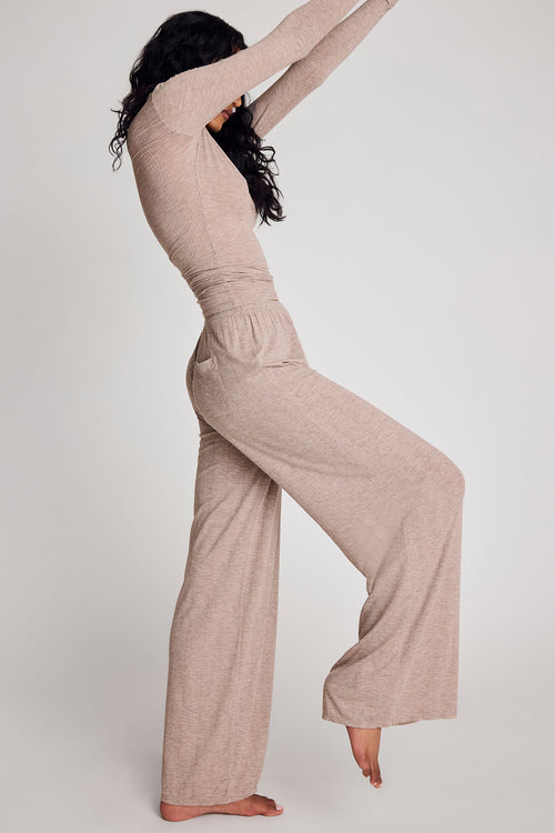 Mink track pant with ruched front, deep pockets, and flared wide-leg hem