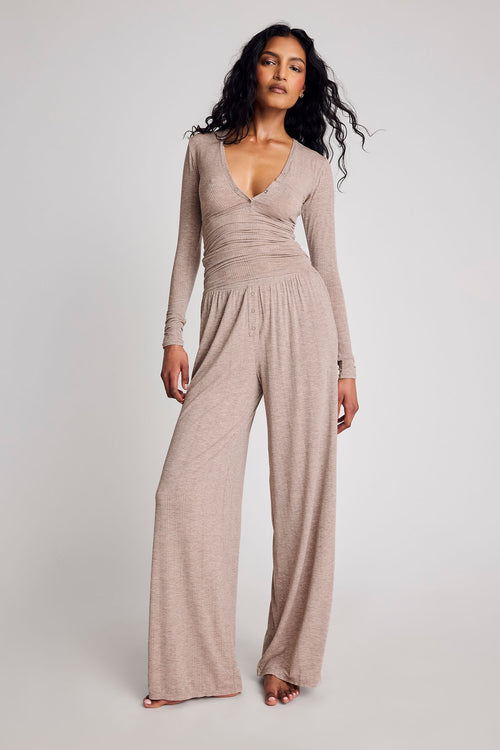 Ruched-waist track pant in mink with wide legs and drawstring