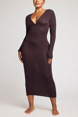 Detail view of Whipped Henley Dress in Ganache for sizer