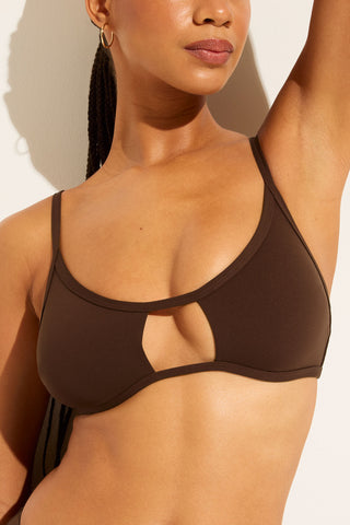 Detail view of Swim Cutout Top in Espresso for sizer