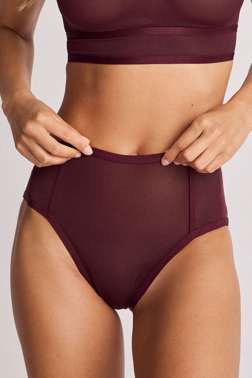 A close-up of a model wearing high-waisted sheer mesh briefs in a deep burgundy color, with a matching bralette partially visible at the top against a light gray studio background.