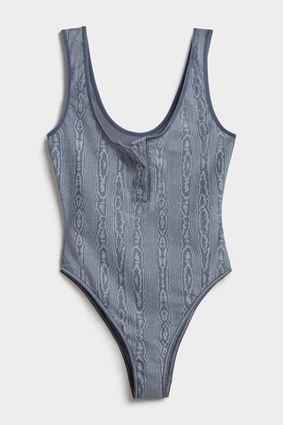 Detail view of Silky Bodysuit in Slate Moiré for sizer