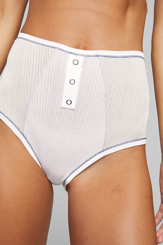 A high rise brief with Moon side panels and Slate stitching