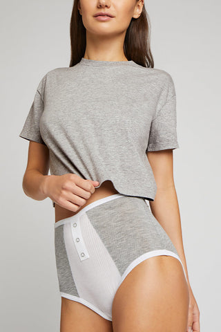 Detail view of Uniform Baby Tee in Heather Grey for sizer