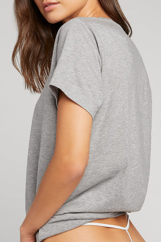 Detail view of Uniform Crew Tee in Heather Grey for sizer