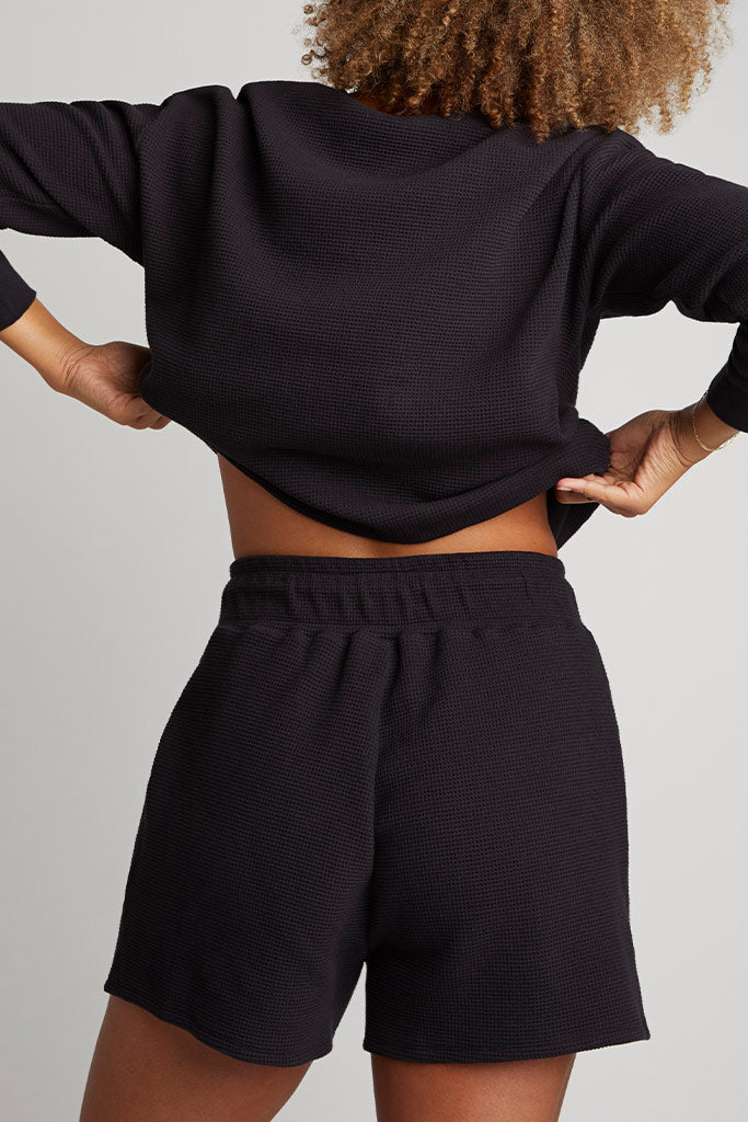 Waffle Knit Cropped Henley in Black