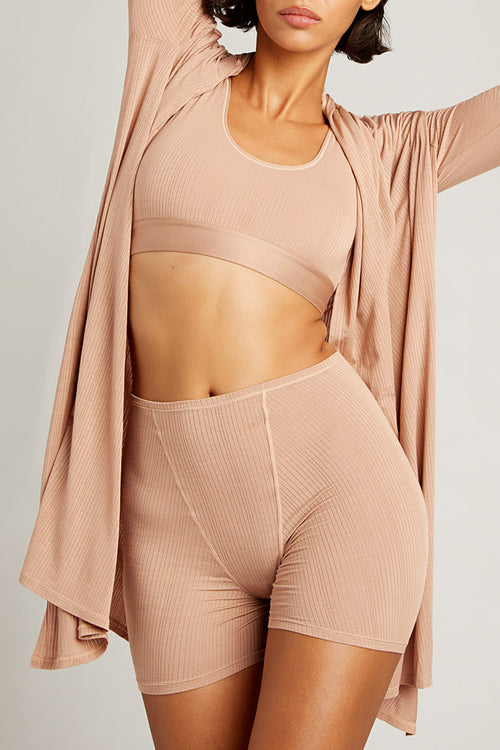 An open shawl cardigan in Buff