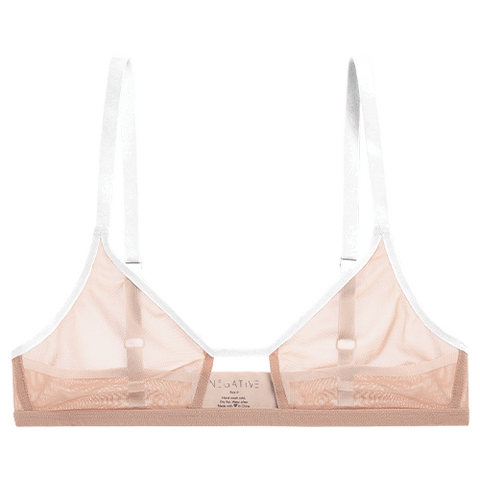 Detail view of Sieve Cutout Bra in Buff + White for sizer