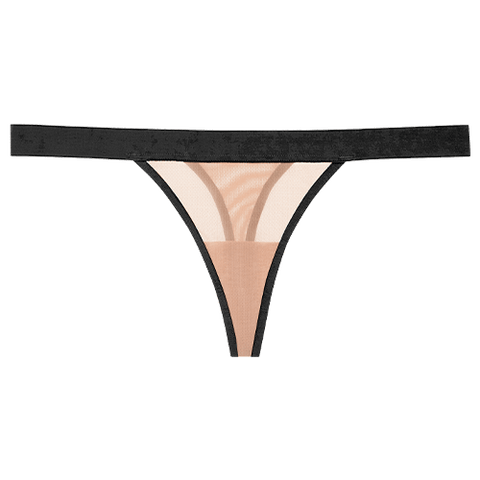 Detail view of Sieve Thong in Buff + Black for sizer